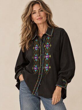 Vintage Bob Mackie Wearable Art 2X Black Embroidered Button Down Shirt